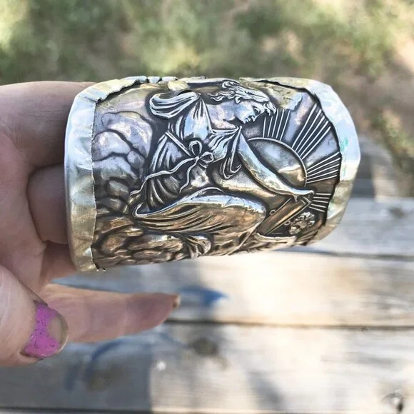 Athena Goddess Columbia Antique Wide Sterling Silver 925 Cuff Bracelet Small - Picture 5 of 6